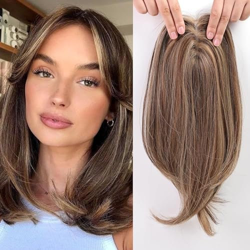EMMOR 14 Zoll Sandiges Braun & Honigblond Haar Toppers für Frauen Synthetisches Haar Toppers Hair Pieces Schweizer Basis mit 3 Clips in Wiglets Toppershaarteil