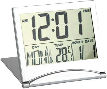 Digital Travel Alarm Clocks with LCD Display Foldable Desk Top Clock with Day Date Temperature Battery Powered Mini Portable Small Digital Clock Bedside Graduation Gifts for Travel Home Office, Silver