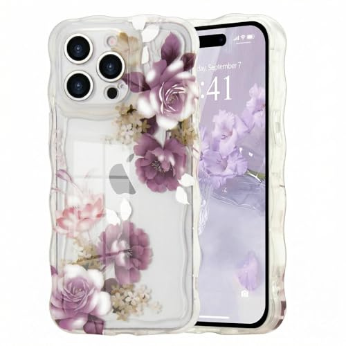Micoden for iPhone 14 Pro Case Clear with Flower Floral Anti-Yellowing | Cute Curly Wave Frame,Soft TPU Slim Bumper,Shockproof Anti-Scratch Protective Wavy Cover for Girls Women-Purple