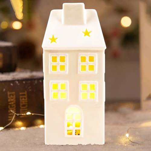 Xevinas Weihnachtsdorf Mit Beleuchtung, Weihnachten Deko Porzellan Häuser Weiß Batteriebetrieben, Keramik Häuser Weiß Aus Hochwertigen Keramikmaterialien, Weihnachtsdeko Figuren Für Tisch (C)