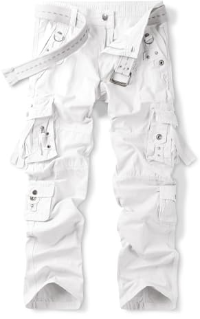 Aeslech Pantalon cargo en coton pour homme, décontracté, ample, pour le travail, la randonnée et les voyages, avec poches, coupe décontractée (sans ceinture), blanc, 40