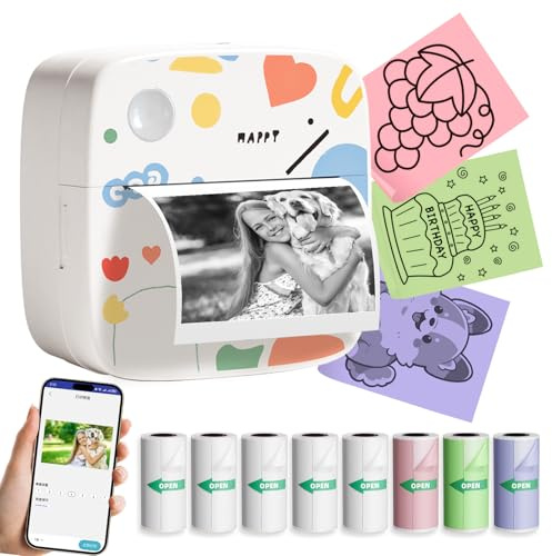 Aufkleberdrucker mit 9 Rollen Thermopapier, Bluetooth Tragbarer Thermodrucker Kompatibel mit iOS & Android, Pocket Tintenloser Mini Aufkleber Drucker, Label Maker Maschine für Studium, Foto, Journal,