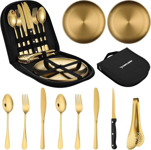 PURPLEBIRD Camping-Besteck Set Golden - 10-teiliges Geschirr Set für 2 Personen bei Picknick & Reisen Tragbares Edelstahl Geschirr Set Mit Etui Deal für Outdoor, Camping