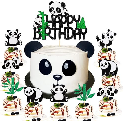 Panda Happy Birthday Tortendeko Glitzer Grün Bambus Cupcake Toppers Niedliches Tier Kuchen Deko für Baby Dusche Kinder Geburtstag Party Kuchen Dekoration 11 Stück