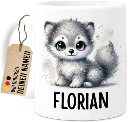 Tassenliebling® Wolf Tasse personalisiert – Kindertasse mit Namen – Tiere Geschenke – Tasse mit Namen Kind – Personalisierte Geschenke Kinder – Kinderbecher aus Keramik 330ml