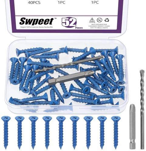 Swpeet 52Pcs 3/16 x 1-1/4 Flat Head Concrete Screw Anchors with Screwdriver Bit and Drill Bit Assortment Kit, Concrete Screws Self Tapping Cement Screws for Anchoring to Masonry Block Brick Stucco