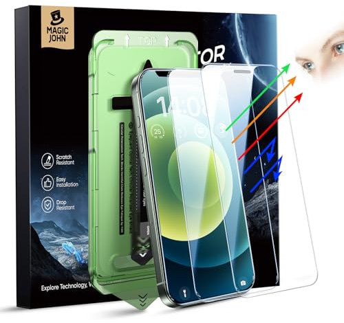 MAGIC JOHN 2 Pack for iPhone 12/iPhone 12 Pro (6.1) Eye Protection Screen Protector, HD Clear, Auto Dust-Elimination, 9H Tempered Glass & Scratch Resistance, Full Edge Coverage