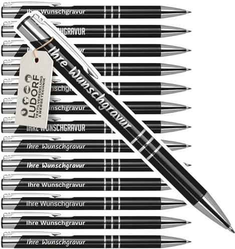 #teamludorf 25x DELTA UNI LACKIERT Metall-Kugelschreiber mit Wunsch-Gravur - Personalisierte Kulis - Stift mit Namen - 16 Farben & 20 Schriftarten - 25 Stück - SCHWARZ