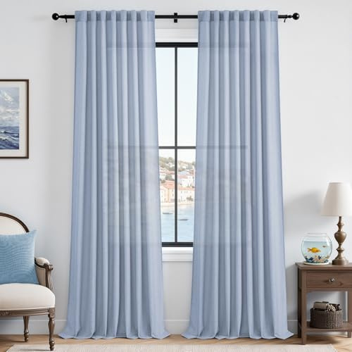 CUTEWIND Gardinen Blau Leinenoptik Halbtransparent 2er Set Vorhang Wohnzimmer Modern H 240 x B 140 cm, Vorhänge Blau Leinen Schlafzimmer Curtains Living Room, mit verdeckten Schlaufen