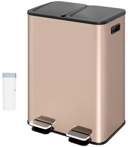 TANGZON 2x30L Recycling Pedal Bin, Double Kitchen Waste Bin with Plastic Inner Bucket, Soft Closure, Deodorant Boxes & 15 Trash Bags, Fingerprint Proof Airtight Stainless Steel Trash Can (Rose Gold)