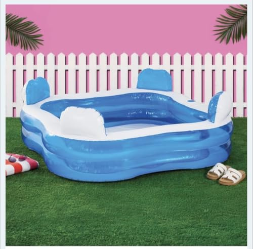 New||Inflatable Mini Family Pool with 4 Integrated Seats, Comfort-Grip Dual Headrests, Blue, PVC, 183 x 183 x 51 cm||