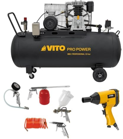 VITO - Luftkompressor, 300 l, 10 bar, 500 l/min + Druckluft-Schlagschrauber 310 Nm + Werkzeug zum Aufpumpen, Blasen, Farbe, Garage, Werkstatt