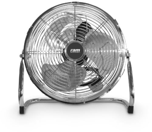 RAM Air Circulator High Velocity Floor Fan Adjustable Tilting Cooling for Home Office Gym Caravan Grow Room Hydroponics Industrial Use with Chrome Finish and Quiet Operation 16-Inch Ground Fan