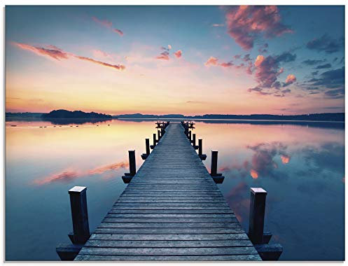 ARTland Wanddeko Glasbilder Wandbild Glas Bild einteilig 80x60 cm Querformat Natur Landschaft See Sonnenuntergang Steg Pier Wald Himmel Sonne T9QL