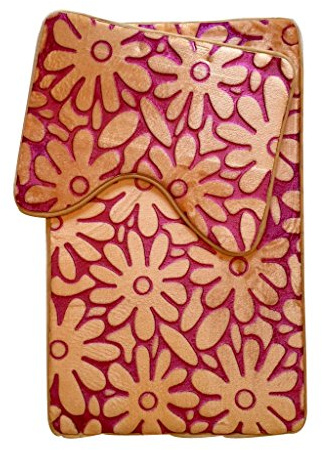 De Lavish Bath Mat Set 2 Piece Non Slip Rubber Pedestal and Bath Mat Toilet Floral Bathroom Rug Pink/Orange 50 cm x 80 cm and 50 cm x 40 cm