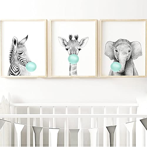 3 Poster Tiere Kaugummi Wandbilder Kinderzimmer Jungen Blau Grau Bilder Babyzimmer Safari Elefant Giraffe Zebra Wandposter Leinwand 20X30 ohne Rahmen