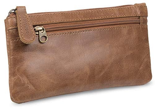 Moonster Federmäppchen aus Leder - Handgefertigtes Lederetui mit Reißverschluss - Federmäppchen Erwachsene, Studenten - Tabaktasche, Mäppchen - Modernes Design mit Seitentasche Schlüsselring - 20x10cm