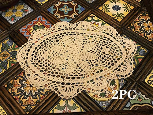 janef Handgefertigte Häkeldeckchen aus Baumwolle, Beige, Spitzendeckchen, ovale Spitzen-Tischsets, Häkel-Tischsets, 25,4 x 35,6 cm, 2 Stück.