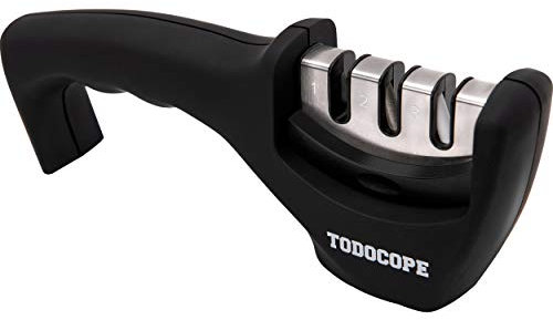 TODOCOPE Premium Chef Knife Sharpener, Professional Kitchen Chef 3 Slot Design, Manual Knife Sharpener Kit, Black, Medium