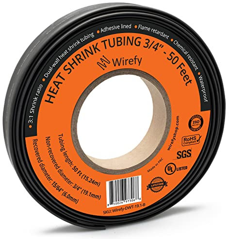Wirefy 3/4 Heat Shrink Tubing - Large Diameter - 3:1 Ratio - Adhesive Lined - Industrial Heat-Shrink Tubing - Black - 50 Feet Roll