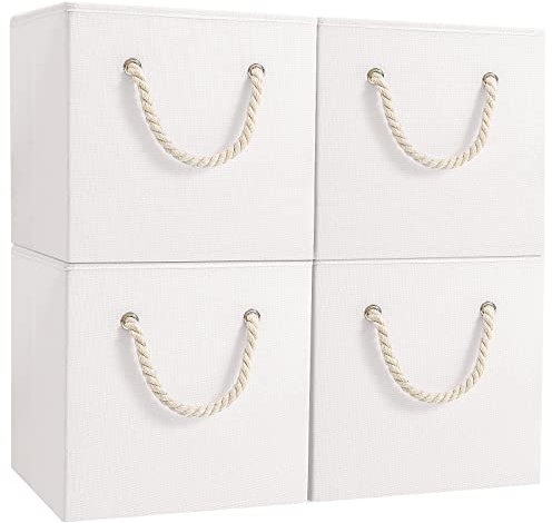 Yawinhe 4 Stück Aufbewahrungsbox Stoff, Faltbare Aufbewahrungskorb, Aufbewahrungswürfel aus Stoff, mit Griff Stoffkisten Aufbewahrung, für Kleideraufbewahrung, Weiß, 33x33x33cm