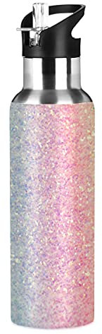 Trinkflasche mit Regenbogen-Glitzer-Farbverlauf, für Kinder, Thermosflasche mit Strohhalm-Deckel für Mädchen, auslaufsicher, isoliert, Edelstahl, Wasserflasche für Sport, Fitnessstudio, Outdoor, 590
