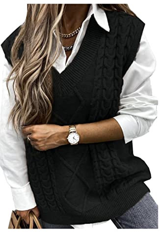 Vancavoo Women Sweater Vest V-Neck Knitted Women's Sleeveless Pullover Solid Color Loose Jumper Ladies Gilet Tops Streetwear Knitwear Stylish Vintage Waistcoats Clothes(Black-1,L)