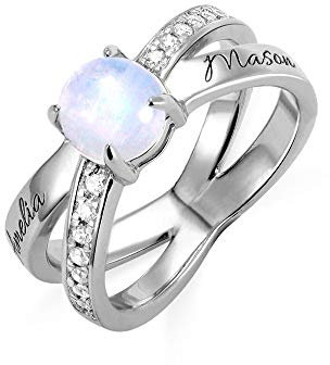 Personalisierter Kreuzring mit Mondstein 925 Sterling Silber Namensring mit 2 Herz Geburtssteine Platin/Gold/Rosegold Ring Geschenk für Frauen