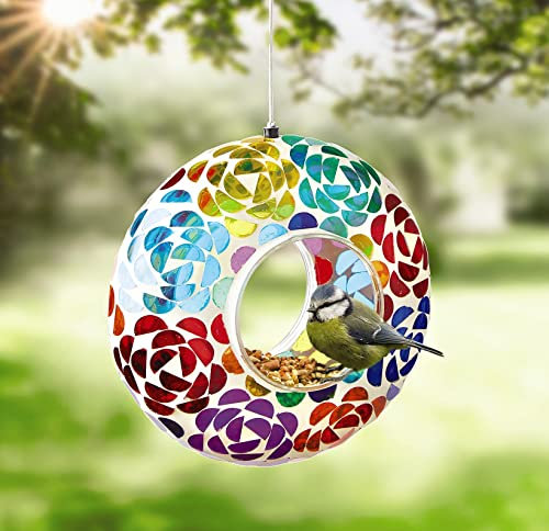 Hanging Mosaic Patterned Bird Feeder – Lightweight Weatherproof Decorative Seed Nut or Fat Ball Bird Feeding Station or Colourful Garden Ornament – Measures 20.5cm x 9.3 cm