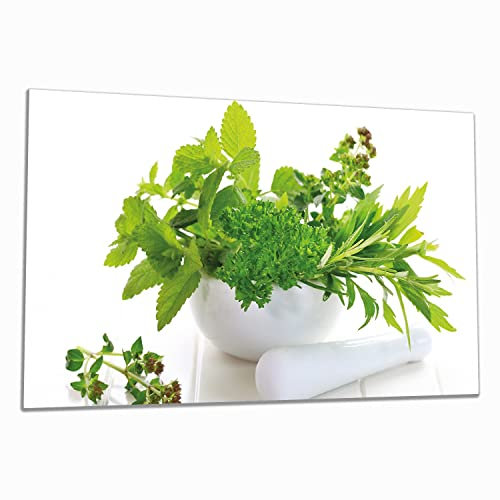 Wallario Herdabdeckplatte/Spritzschutz aus Glas, 1-teilig,90x52cm mit 8mm hohen Füßen, für Ceran- und Induktionsherde, Welt der Kräuter - Verschiedene Kräuter in einem weißen Mörser