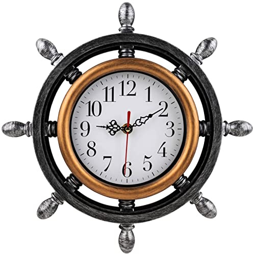 Timely Furnishings Ships Wheel Wall Clock, Brushed Metal Look, for Nautical Coastal Beach or Sea Theme Home Decor, Silent, Non Ticking Sweep Movement