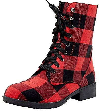 FGUUTYM Botas de cordones para mujer, botines cortos, rejilla para mujer, botas de invierno, con cremallera lateral, botines planos, botas de Navidad, botas de tiempo libre, rojo, 39 EU