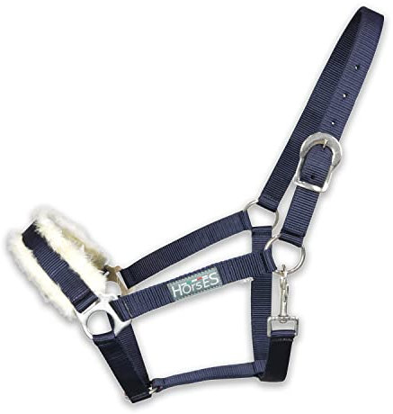 Horses, Halfter Winry mit Fell, Komfortables Halfter zum Führen des Pferdes an der Hand oder zum Sichern beim Putzen, Satteln oder Transportieren (Cob, Blau)