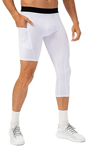 Little Hand Pantalon de Compression pour Hommes Collants Couche de Base 3/4 Une Jambe Leggings de Compression pour Basketball Entraînement XL, Blanc