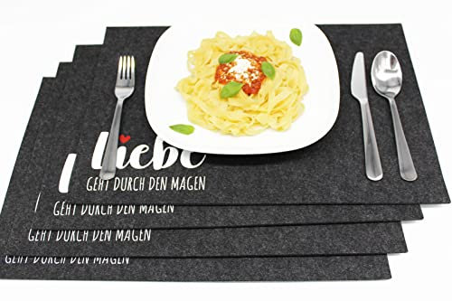 KAMACA 4er Set Tischsets Platzsets Platzmatten aus Filz Liebe abwaschbar Platzdeckchen grau Eyecatcher (4er Set Filz Liebe anthrazit)