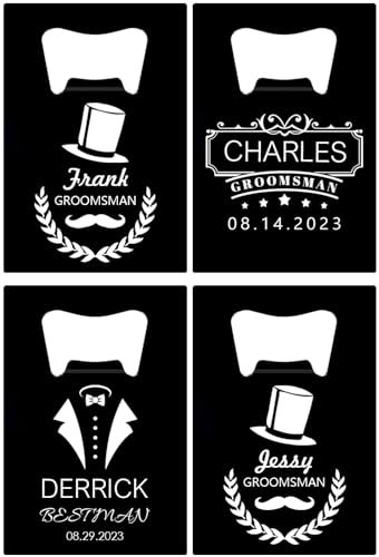 4PCS Personalised Bottle Openers Credit Card Size, Groomsmen Best Man Gifts for Wedding Bachelor Party, Stainless Steel Beer Bottle Opener, Black