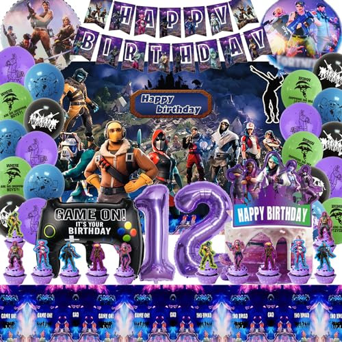 Decoration Anniversaire Fortnit 12 Ans, Fournit de Fête D'anniversaire Gaming Gamer Garcon Fille, Jeu de Fournitur Fête Décoration Ballons de Jeu Vidéo avec Nappes, Décorations gâteaux d'anniversaire