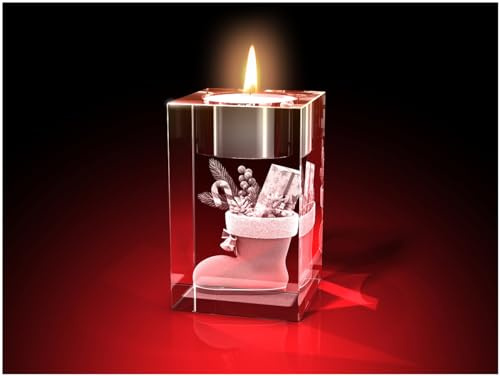 GLASFOTO.COM, Weihnachten Teelichthalter, 50 x 80 x 50 mm, Kristallglas 3D Innengravur in Premiumqualität (50 x 80 x 50 mm Stiefel Teelicht)