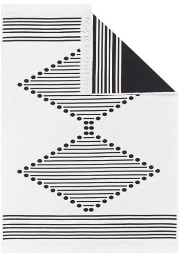 TAPISO Azteca Teppich Kurzflor mit Fransen Creme Schwarz Baumwolle Beidseitig Anwendbar Waschmaschinenfest Waschbar Wohnzimmer Schlafzimmer Küche ÖKOTEX 80 x 300 cm