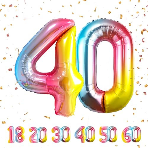 40 Geburtstag Deko zahlen luftballon 40 jahre | Folienballon Regenbogen - für 40. Geburtstagsdeko Männer Frauen Ballon Zahl Deko zum Geburtstag fliegt mit Helium 40.Geburtstagsparty 40-101cm
