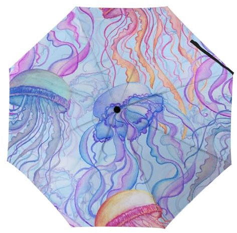 LQIOFHN Automatisch Faltbarer Regenschirm Quallen Meerestiere Tragbare Regenschirme Uv-Sonnenschutz-Regenschirm Winddichter Reiseschirm