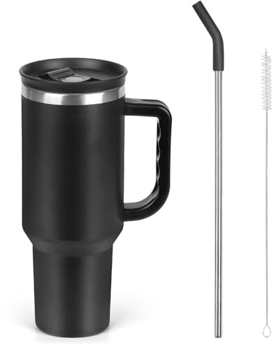 XSUPER 40oz Tumbler Stainless Steel Travel Mug with Straw and Lid,Reusable Coffee Mug Insulated for Hot and Cold,Metal Water Bottle,Car Cup Holder Friendly for Work Gym Office (Black)