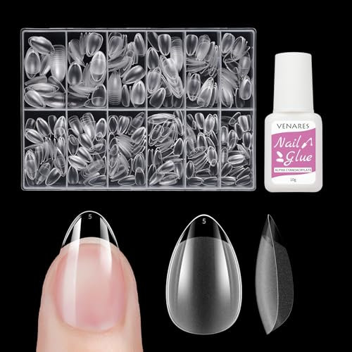 Extra Kurze Mandel Künstliche Nägel Tips zum Aufkleben Set, Venares 500 Stück Kurze Nageltips für Gelnägel Starterset,12 Größen Soft Gel Full Cover Nail Tips mit Klebenägel für Nagelverlängerung