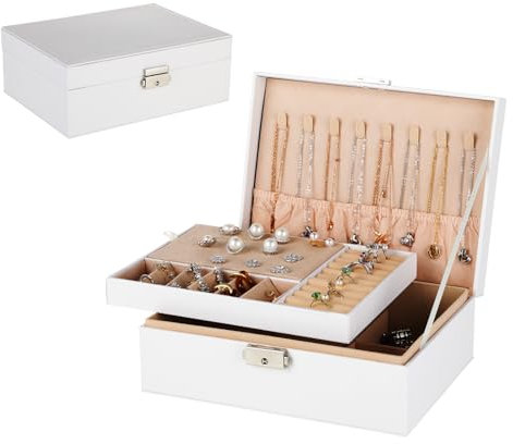 Joyeros mujer organizador - Joyero de viaje - Joyero niña de piel sintética de doble capa con cerradura y llave - Joyeros mujer organizador para anillos, pendientes, pulseras, collares y relojes