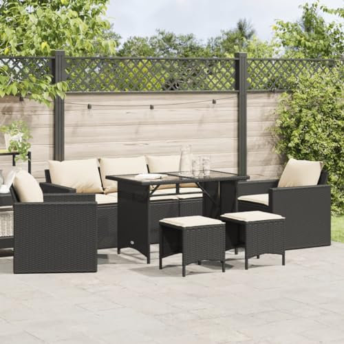Faroom Polyrattan Gartenmöbel Set Essgruppe Lounge Rattan Sitzgruppe Terassenmöbel Außen Gartenmöbel Set 6-TLG. mit Gartentisch 177 x 70 x 68 cm Schwarz y Cremeweiß