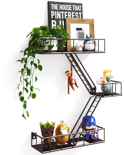Fire Escape Wall Shelf with Baskets, 3-Tier Metal Fire Escape Ladder Shelf Wall Organizer, New York Inspired Decorative Shelf, Brown Floating Action Figurine Display Shelves for Bedroom, Home Décor