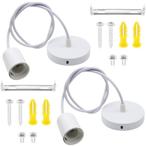 GOIYZTTR 2Pcs E27 Pendant Light Fitting White Ceiling Rose Pendant Metal Ceiling Fitting Set with 1M Cable for Ceiling Pendant Light