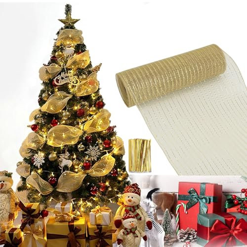 Weihnachtsbaum Kranz,Weihnachtsdekorationsgirlande, Metallfolien-Netzband Für Weihnachten, Funkelnde Handgefertigte Weihnachtsgirlande26X910CM (Gold)