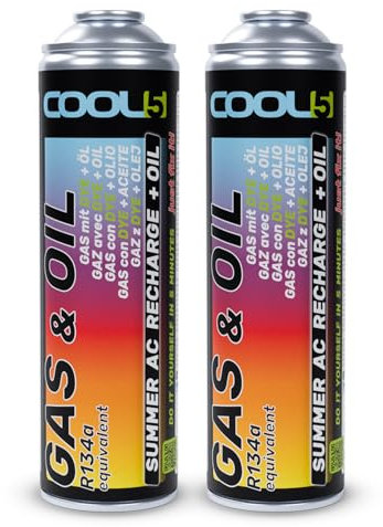 Cool5 Kit de reparación de Aire Acondicionado (Repuesto de refrigerante y Aceite (R134a y R12) para Coches 1995 – 2016 – Alto Rendimiento (2 latas 2 en 1 290 g R134a Coches 1995-2016)