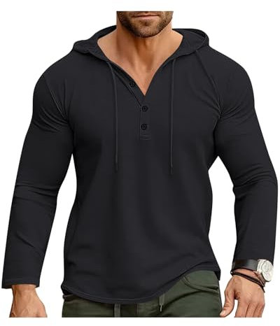 Ophestin Men's Long Sleeve Hoodie Casual T Shirts Fashion Athletic Hoodies Button Sweatshirt Black 2XL